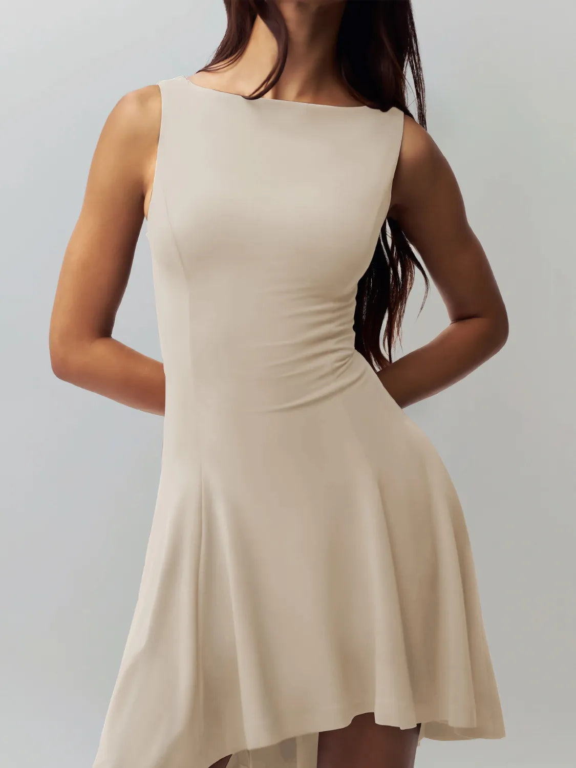 High-Low Round Neck Sleeveless Dress.
