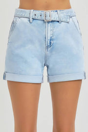 Plus size high rise belted roll-up denim shorts with pockets.