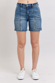 Plus size high rise denim shorts with pockets.