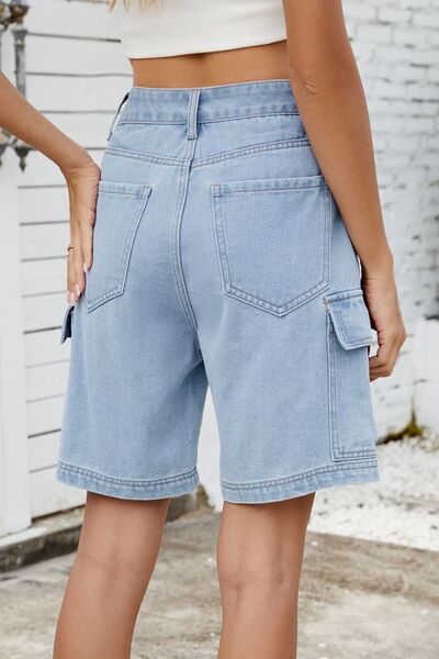 High rise denim shorts with cargo pockets.