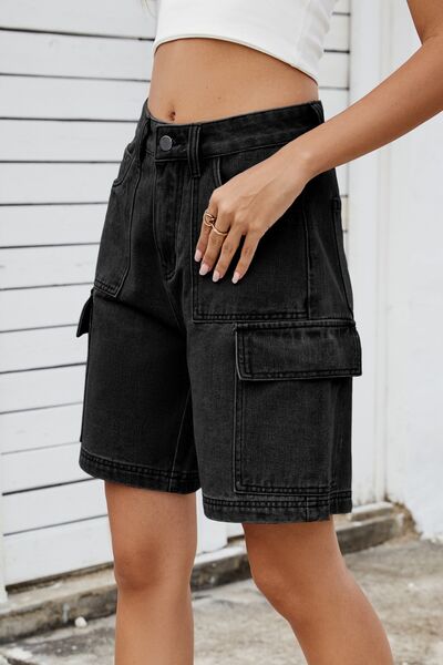 High rise denim shorts with cargo pockets.