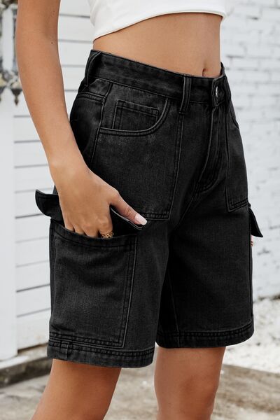 High rise denim shorts with cargo pockets.