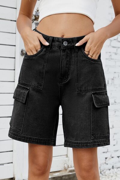 High rise denim shorts with cargo pockets.