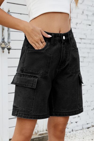 High rise denim shorts with cargo pockets.