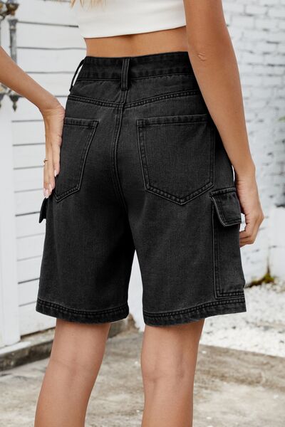 High rise denim shorts with cargo pockets.