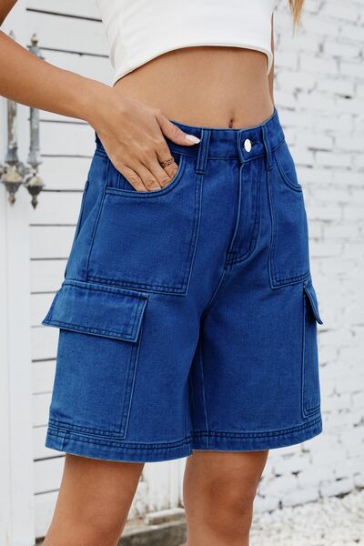 High rise denim shorts with cargo pockets.
