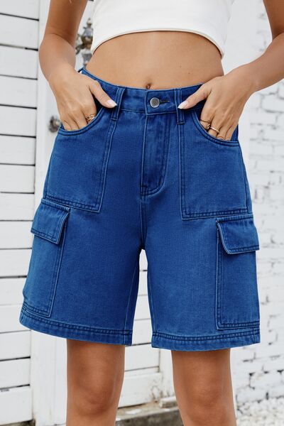 High rise denim shorts with cargo pockets.