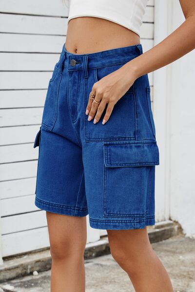 High rise denim shorts with cargo pockets.