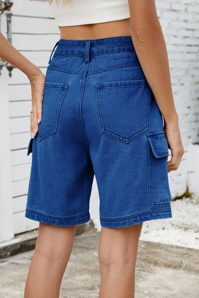 High rise denim shorts with cargo pockets.