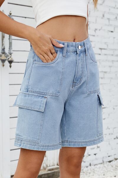 High rise denim shorts with cargo pockets.