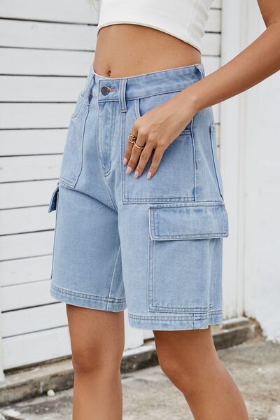 High rise denim shorts with cargo pockets.
