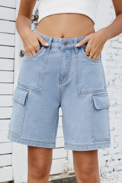 High rise denim shorts with cargo pockets.