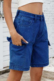 High rise denim shorts with cargo pockets.