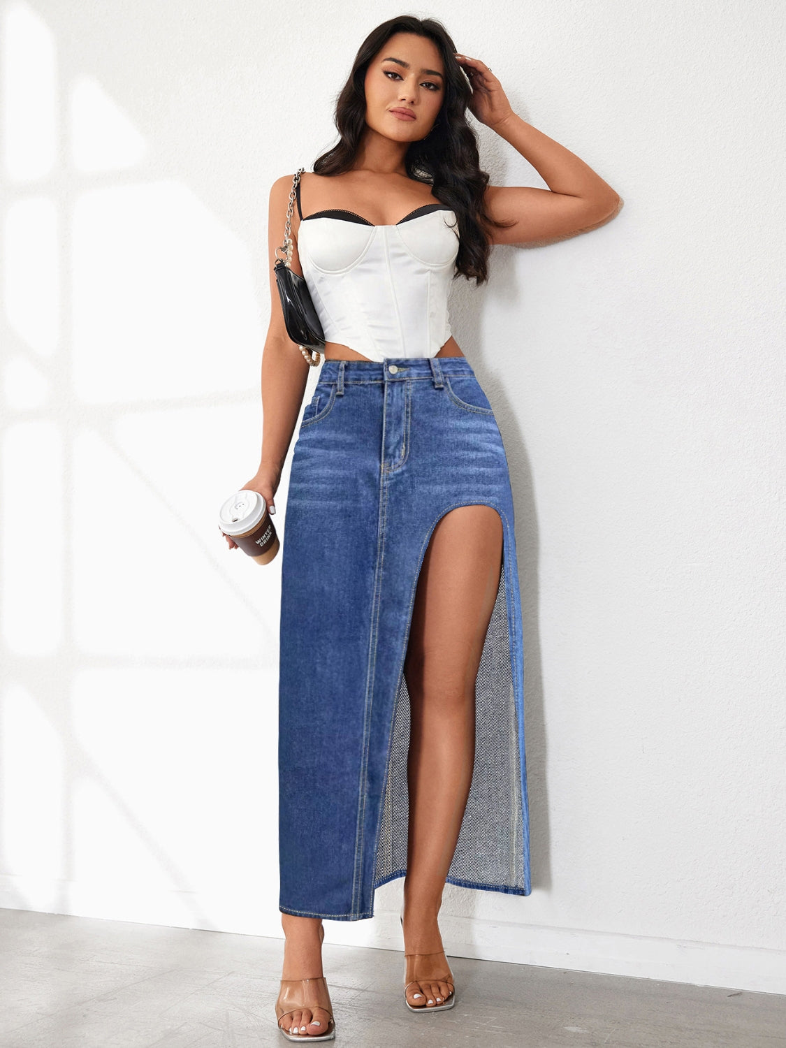 High Rise Slit Denim Skirt.