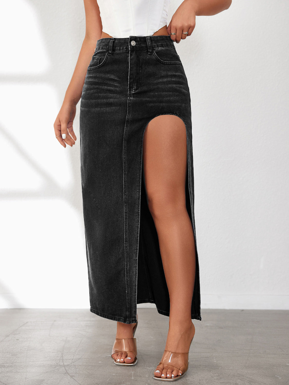 High Rise Slit Denim Skirt.