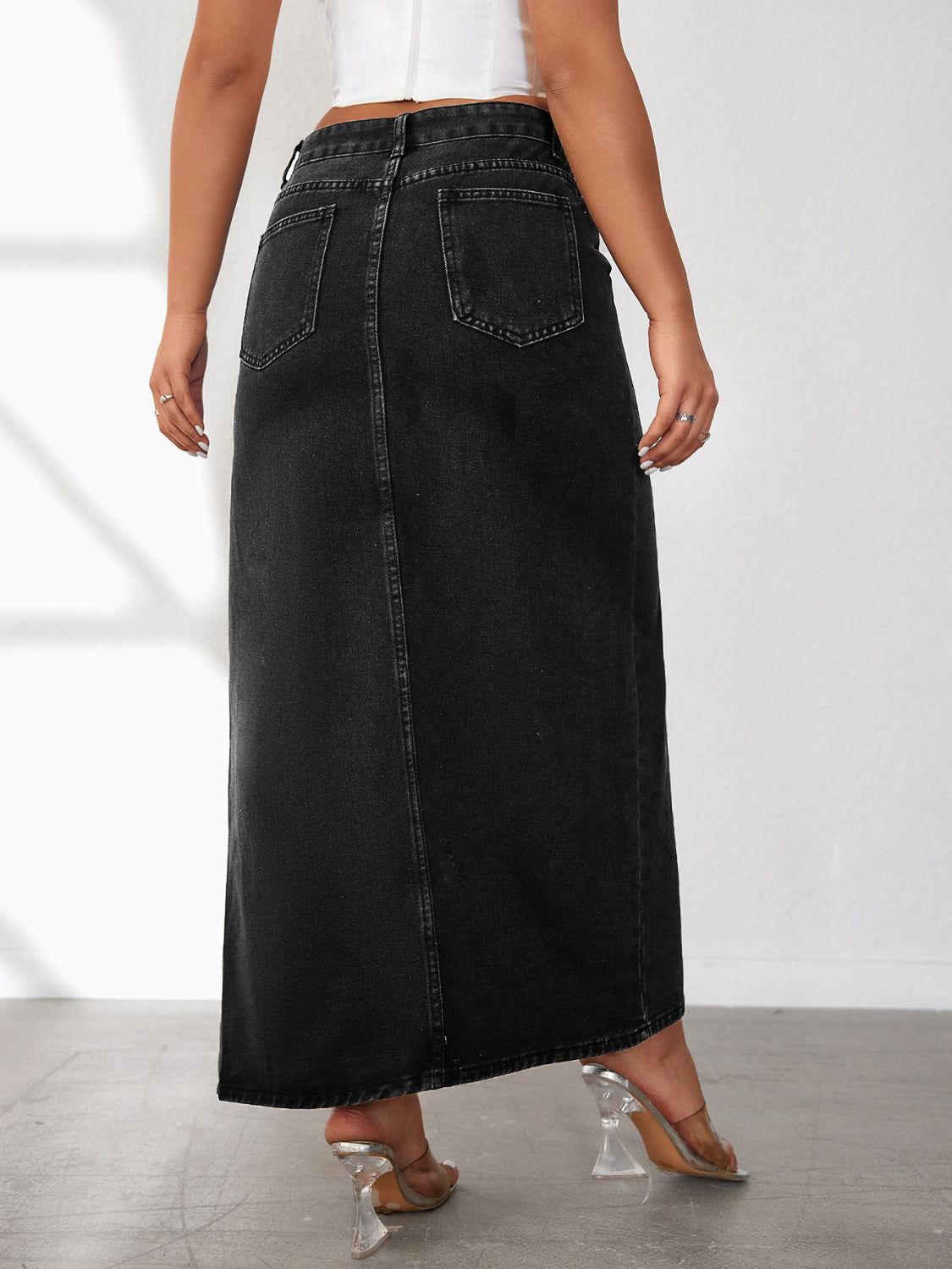 High Rise Slit Denim Skirt.
