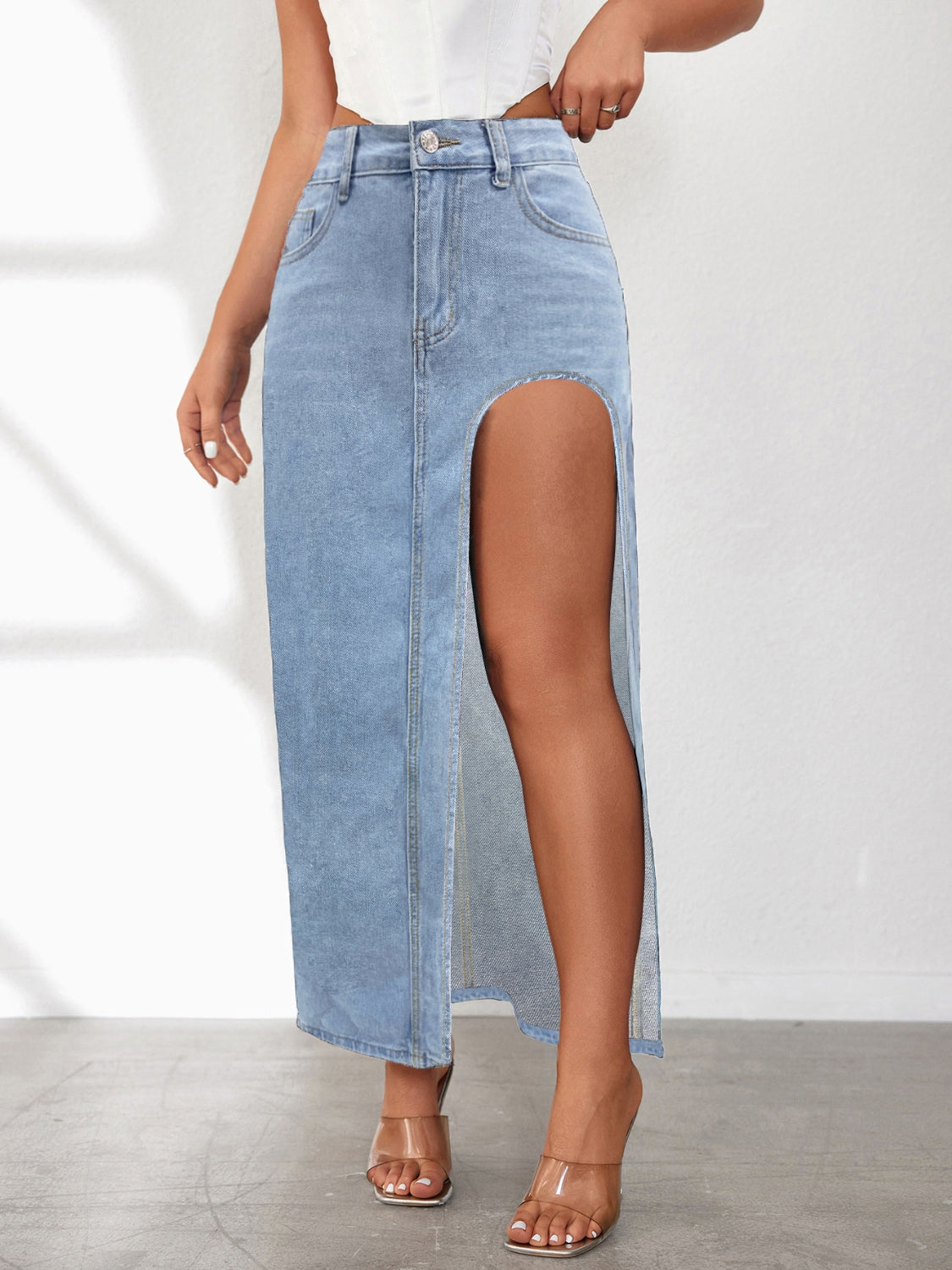 High Rise Slit Denim Skirt.