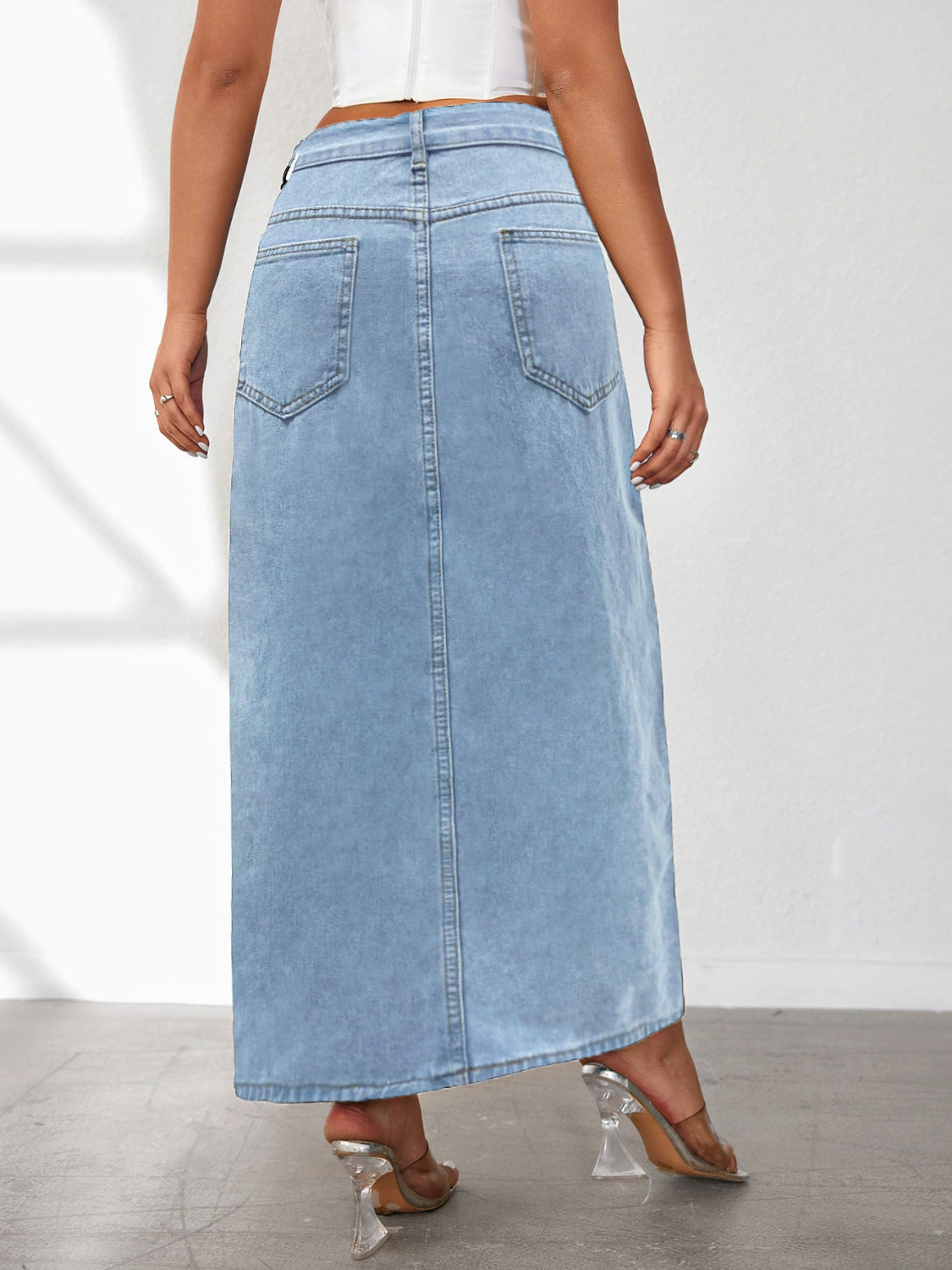 High Rise Slit Denim Skirt.