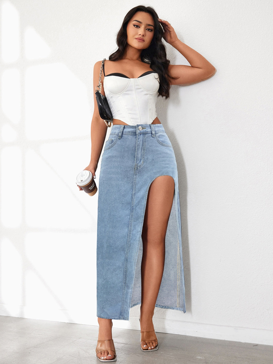 High Rise Slit Denim Skirt.