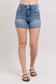 Plus size high rise tummy control denim shorts with pockets.