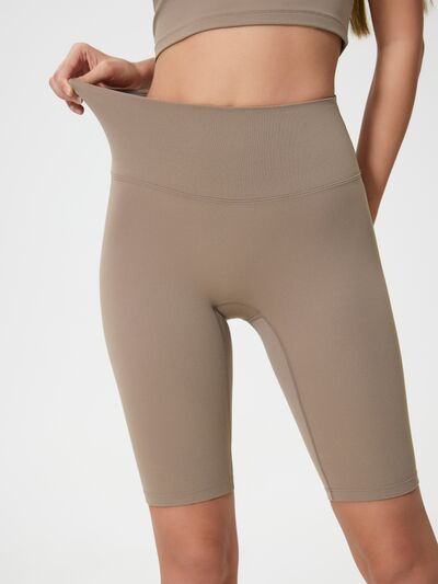 High rise wide waistband active shorts.