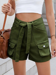 High waist belted cargo denim shorts with pockets.