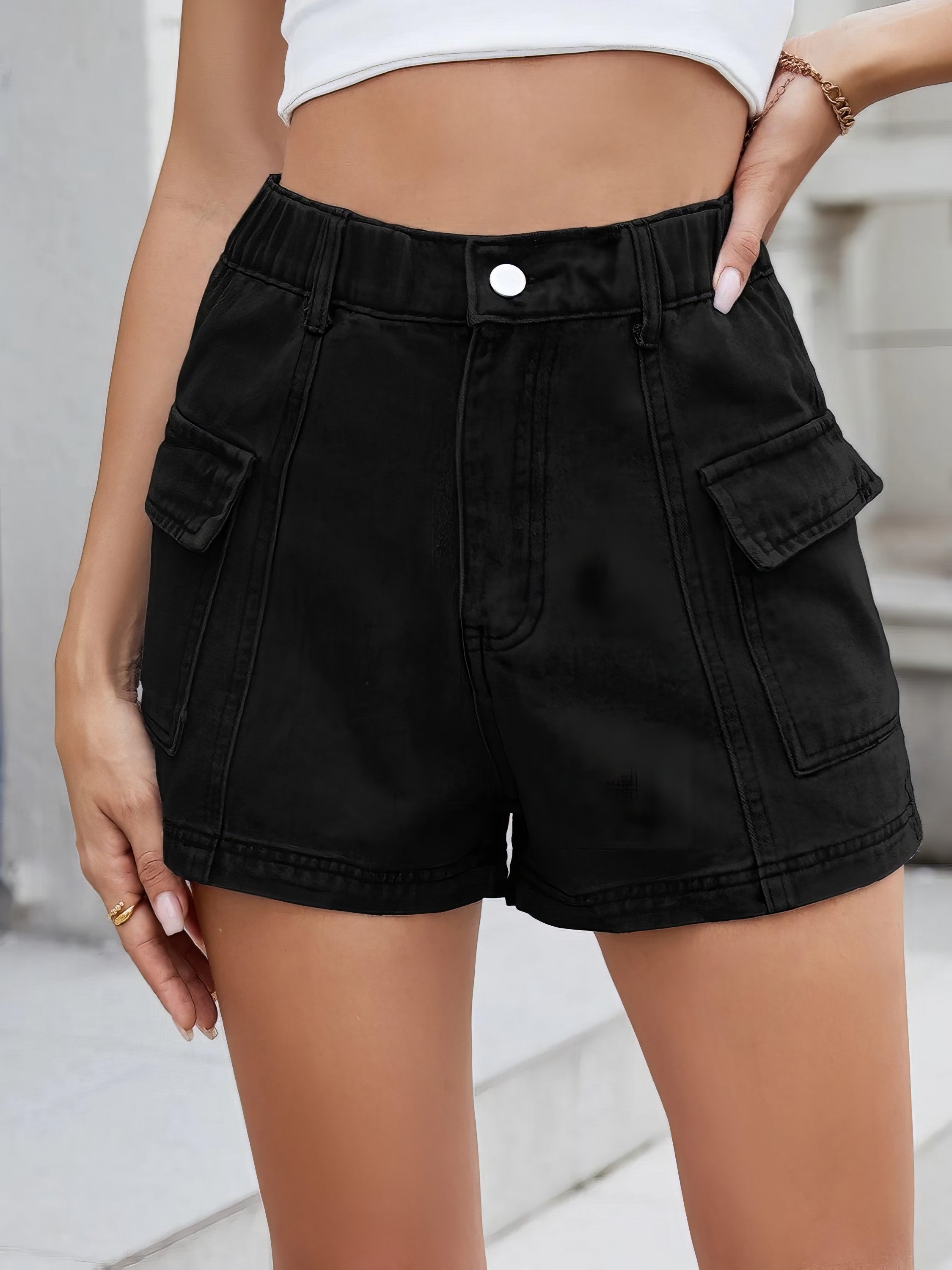 High waist cargo denim shorts with pockets.