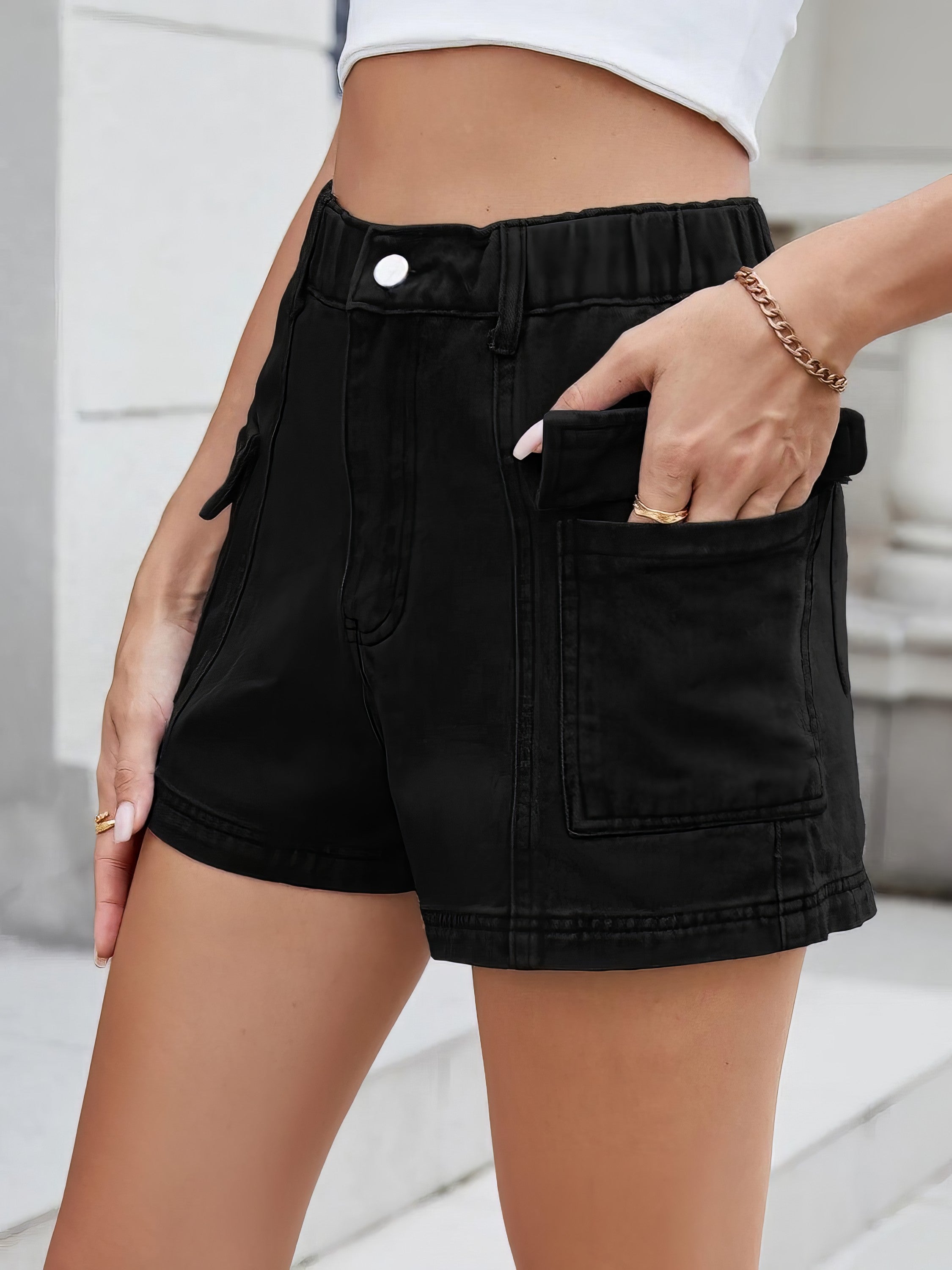High waist cargo denim shorts with pockets.