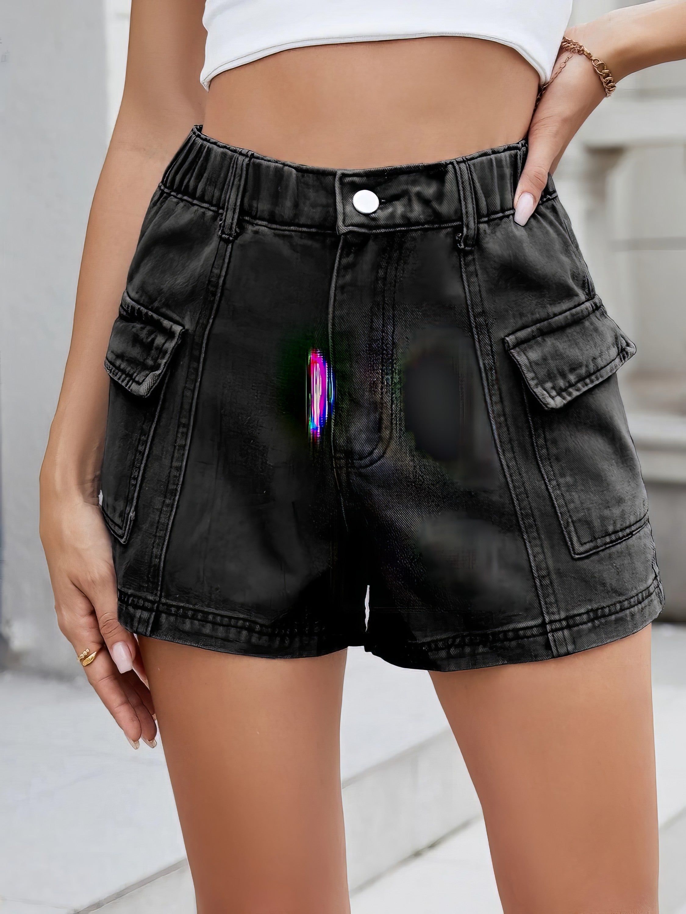 High waist cargo denim shorts with pockets.