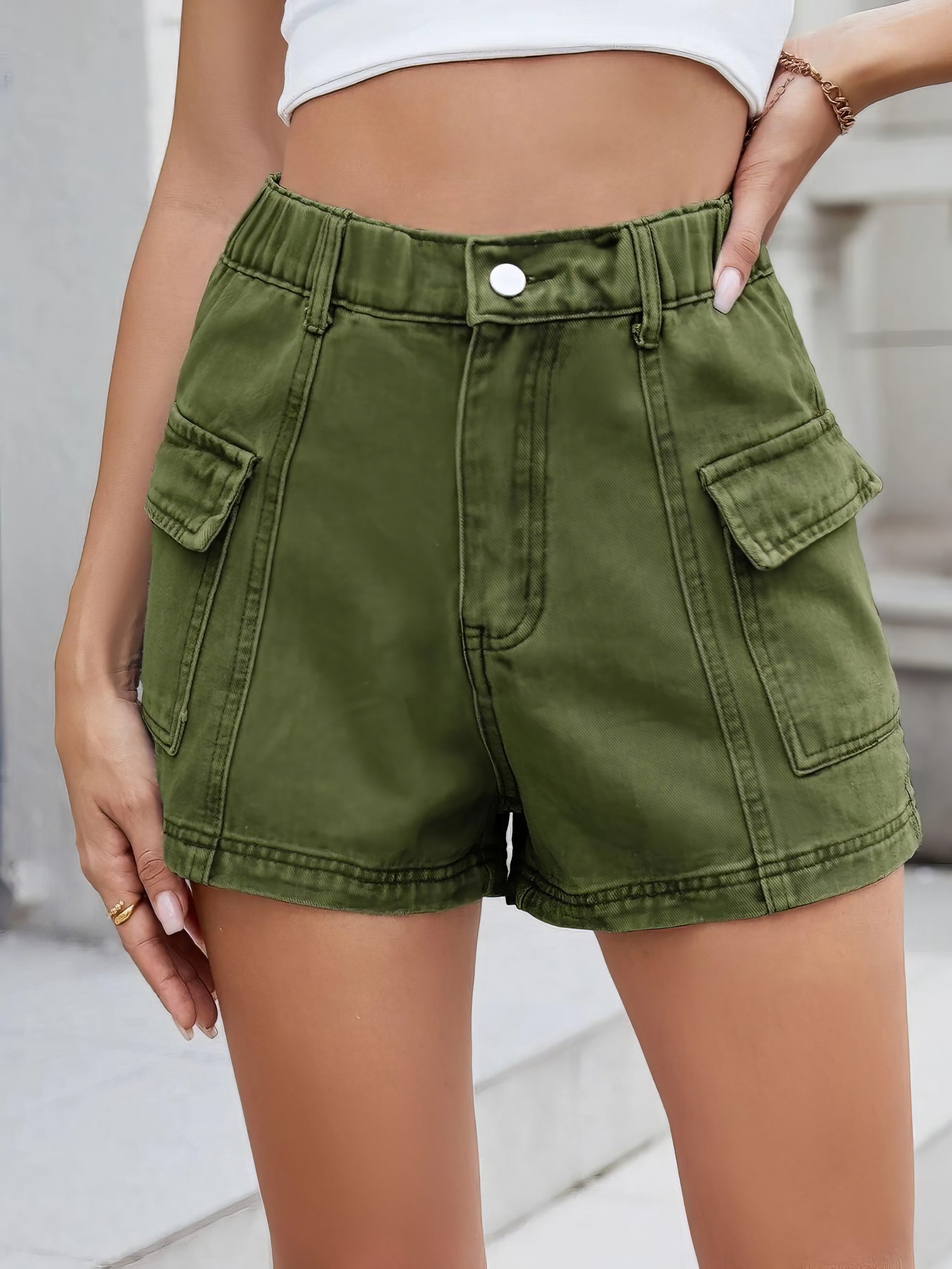High waist cargo denim shorts with pockets.
