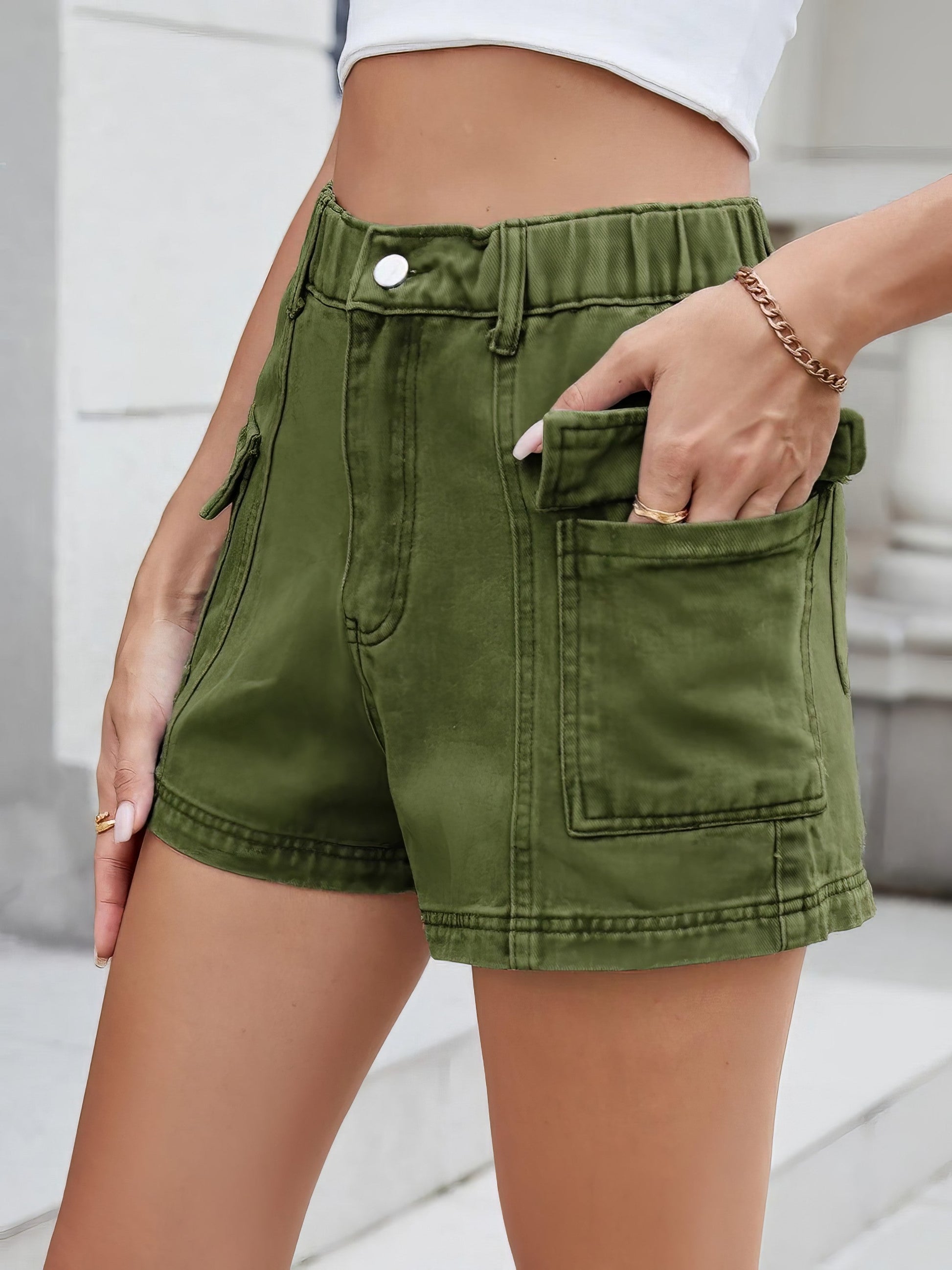 High waist cargo denim shorts with pockets.