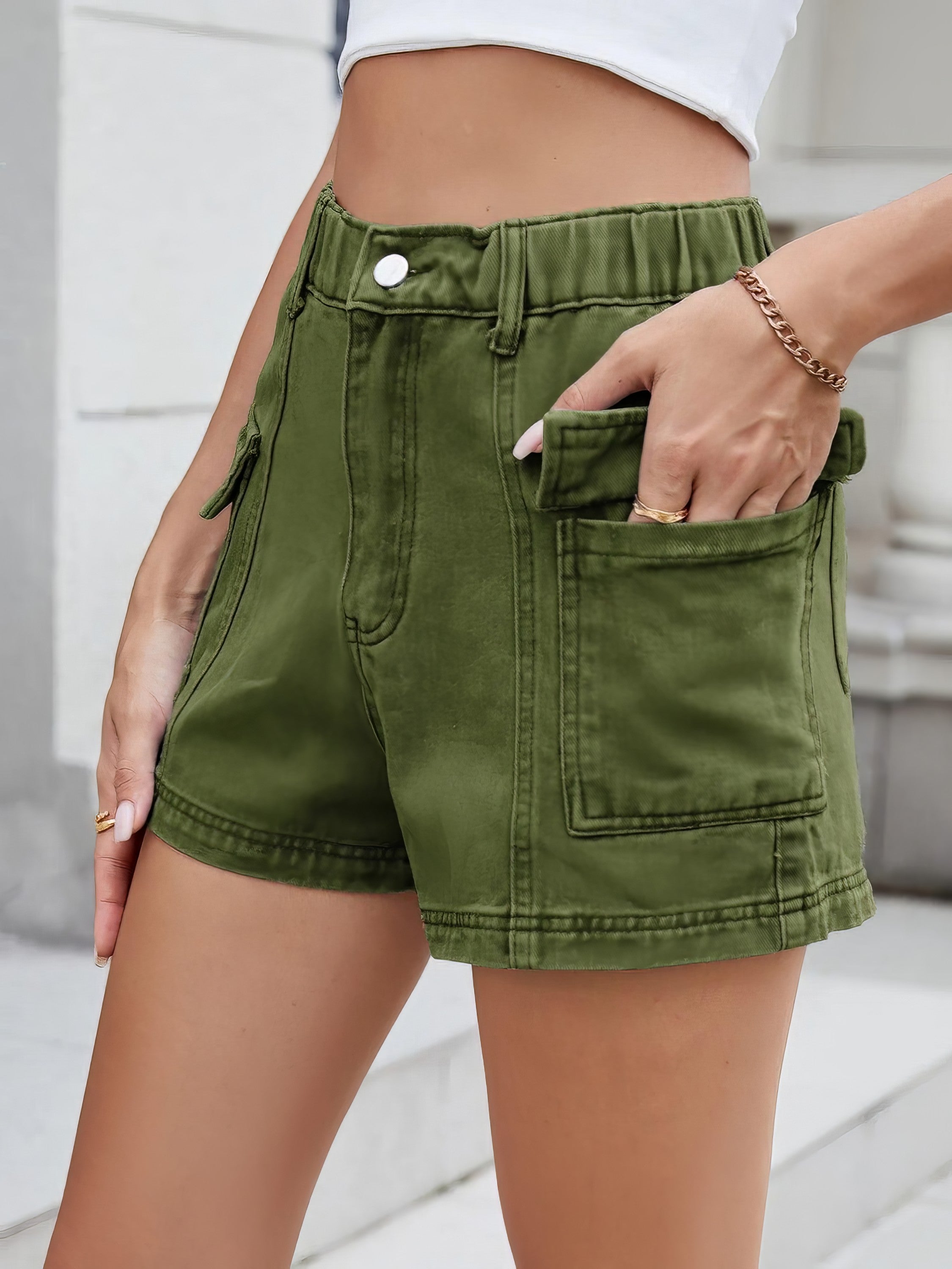 High waist cargo denim shorts with pockets.