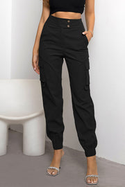 High waist cargo pants with pockets, opaque.