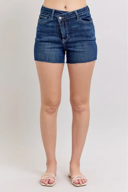 High waist criss-cross waistband denim shorts with pockets.