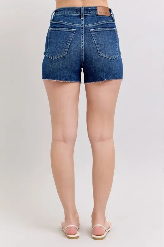 High waist criss-cross waistband denim shorts with pockets.