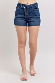 High waist criss-cross waistband denim shorts with pockets.