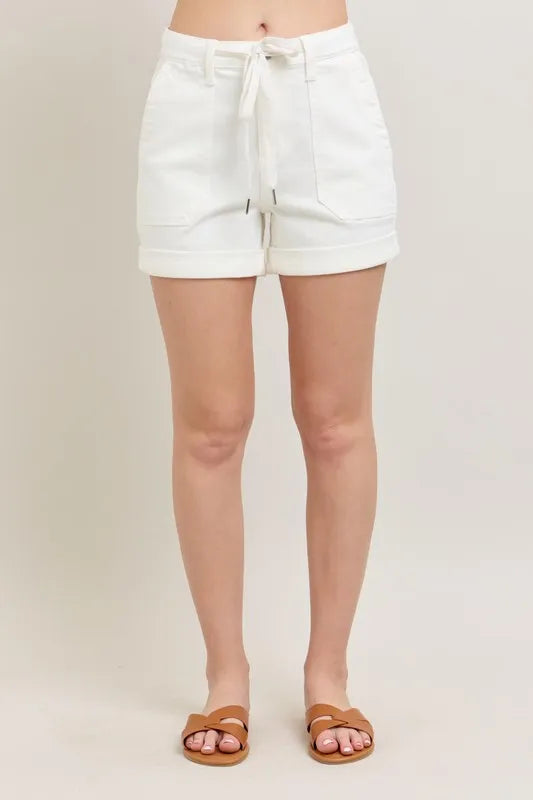 High waist cuff denim shorts with drawstring and pockets.