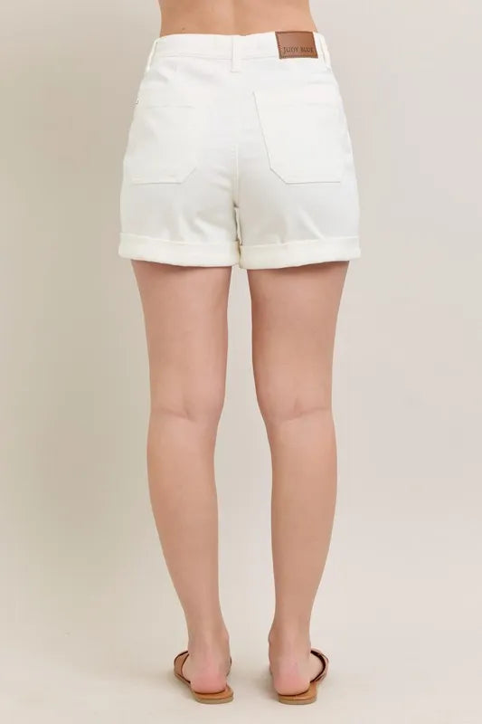 High waist cuff denim shorts with drawstring and pockets.
