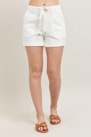 High waist cuff denim shorts with drawstring and pockets.