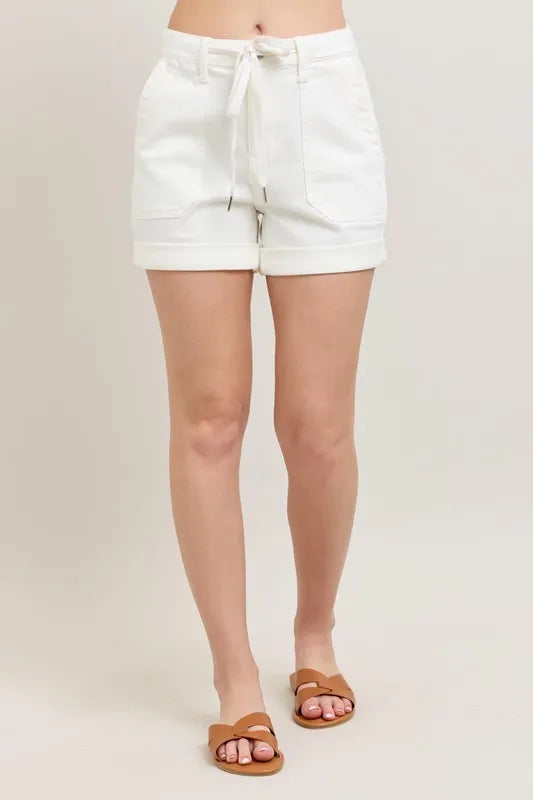 High waist cuff denim shorts with drawstring and pockets.
