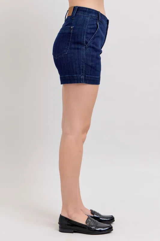 High-waist denim shorts with pockets.