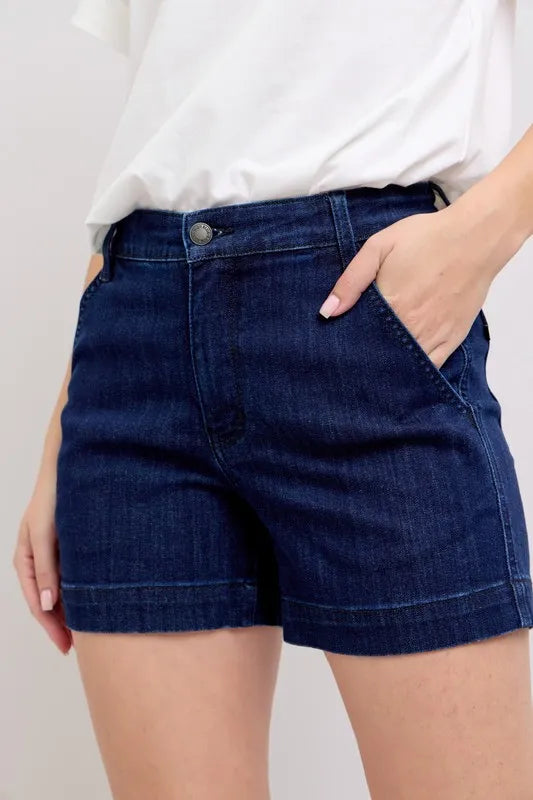 High-waist denim shorts with pockets.