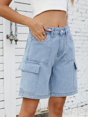 High-waist denim shorts with cargo pockets.