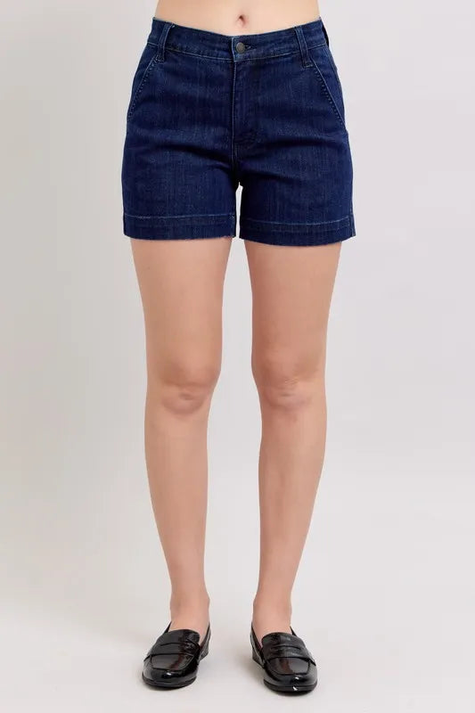 High-waist denim shorts with pockets.