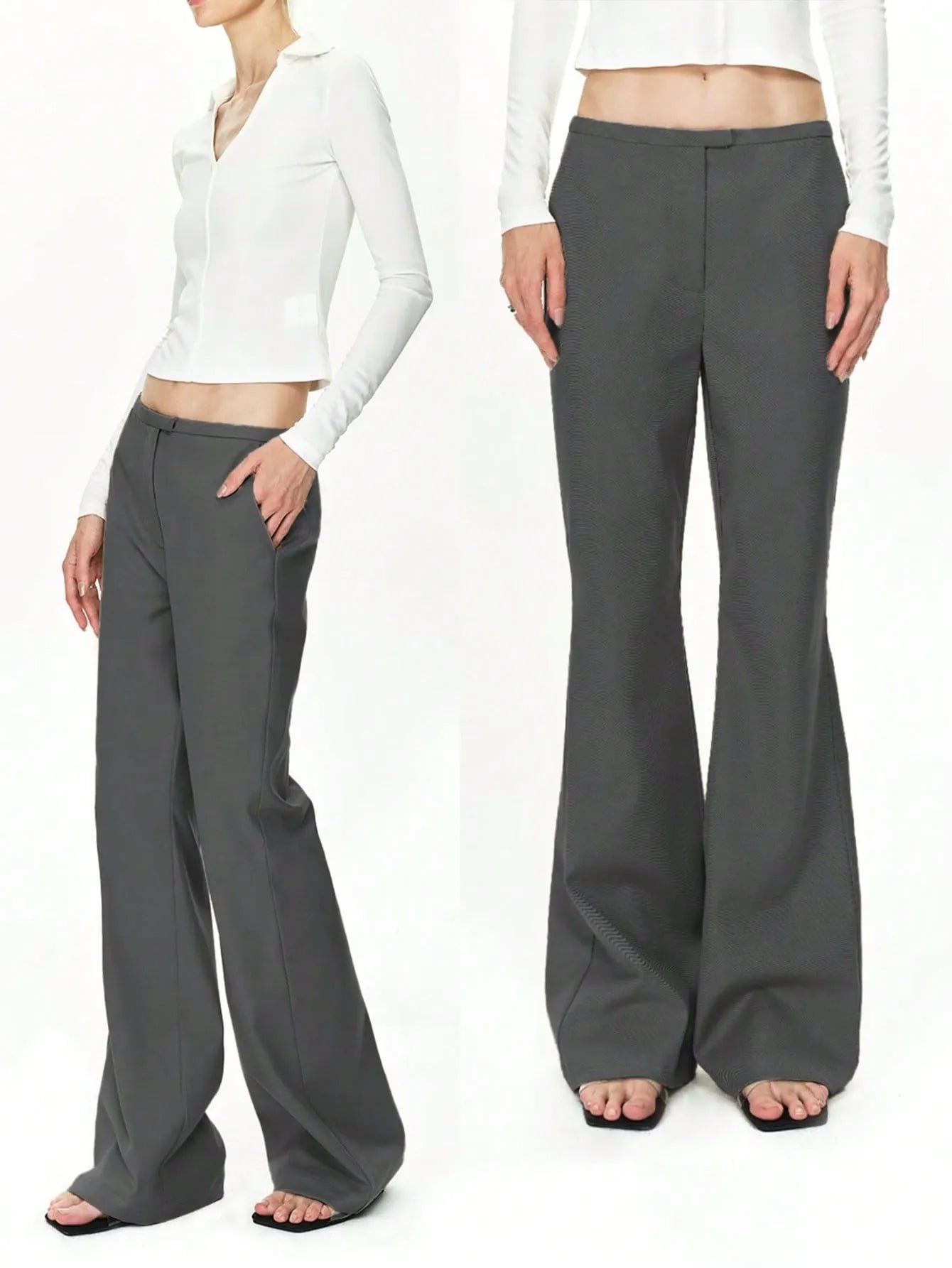 High waist flare leg trousers with buttons and pockets.
