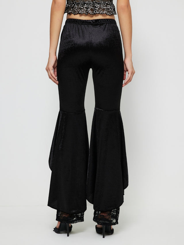 High waist lace flare pants with ruffles, semi-sheer.
