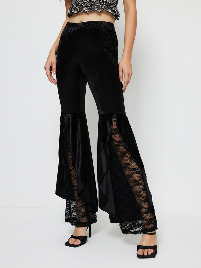 High waist lace flare pants with ruffles, semi-sheer.