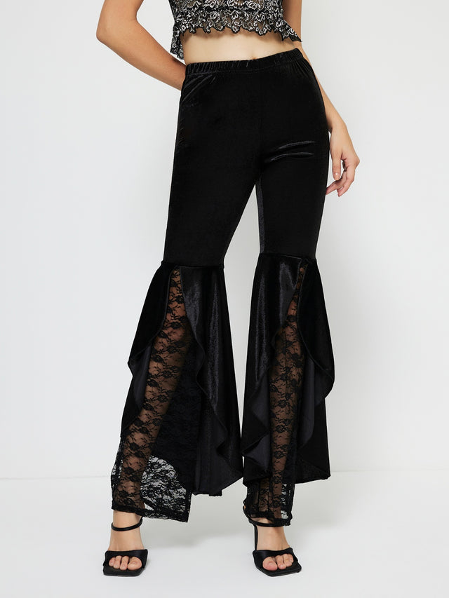 High waist lace flare pants with ruffles, semi-sheer.