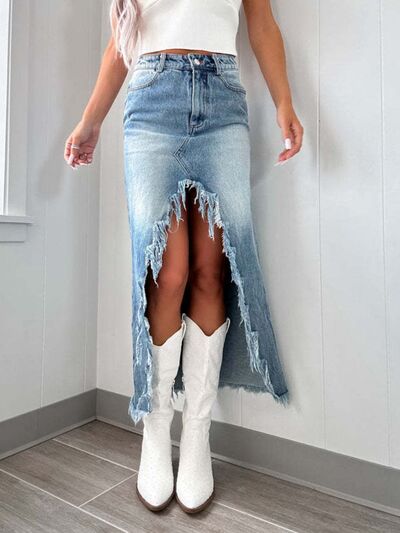 High-Waist Raw Hem Asymmetry Denim Skirt.