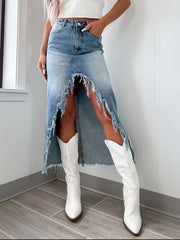 High-Waist Raw Hem Asymmetry Denim Skirt.